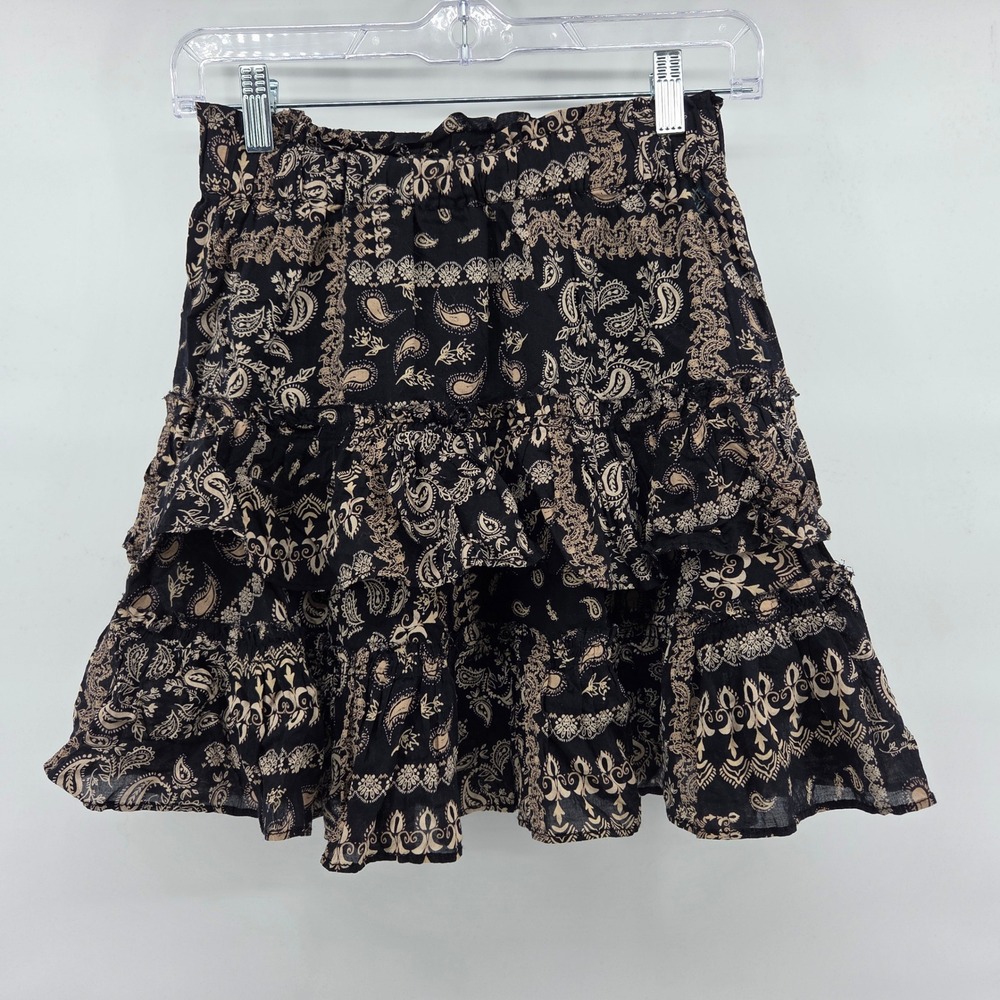 Free‎ People Mini Skirt XS Black Paisley Tiered Ruffle Boho Eclectic Indie